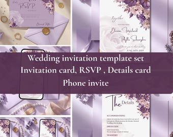 Floral Boho Lavendel Hochzeitseinladungs-Set: Flieder Canva Vorlage (Digitale Einladung);