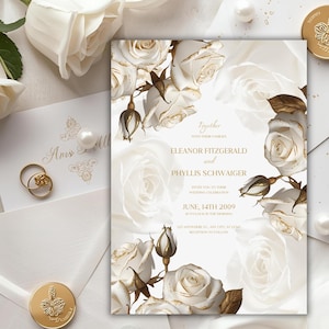 May include: A wedding invitation with a floral design featuring white roses with gold accents. The invitation includes the names Eleanor Fitzgerald and Phyllis Schwaiger, and the date June 14th, 2009. Gold rings and a gold wax seal are also visible.
