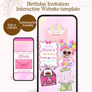 May include: Two smartphones displaying a digital birthday invitation website template. The screens feature pink envelopes, a photo of a baby wearing sunglasses and a party hat, colorful balloons, confetti, and text including Olivia's First Birthday.