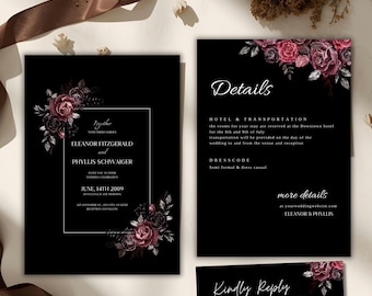 Black Burgundy Floral Wedding Invitation Template: Dark Moody Design (Digital Download)