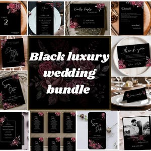 Black Floral Wedding Bundle with a Gothic Twist - RSVP, Thank You, Details, and Menu Cards Minimalist Gothic Wedding Suite in Black template