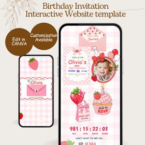 May include: An interactive digital birthday invitation website template displayed on two smartphones. The design features a pink gingham background with strawberry illustrations, a photo frame, a cupcake, and countdown timer text.