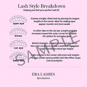 May include: A pink graphic with the text "Lash Style Breakdown" and "Helping you find your perfect lash fit." The image shows diagrams of different lash styles: open eye, kitten, cat eye, and baby doll.