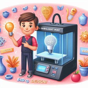 Könnte beinhalten: Illustration einer Person mit einer Glühbirne, die neben einem 3D-Drucker mit einer Glühbirne im Inneren steht. Das Bild hat einen rosa Hintergrund mit verschiedenen Designelementen, darunter Vasen und ein Herz.