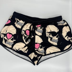 Cute Cozy Women&#39;s Skull Shorts, Gothic Running Shorts with Pink Heart Eyes | Halloween Aesthetic Festival Lounge Activewear, Gifts for Her