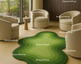 Hand getufteter grüner abstrakter Teppich | Moderne Organische Form Wolle | Minimalistischer Wohnzimmerteppich
