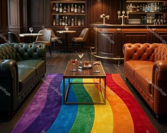 May include: A colorful rainbow-themed rug in a bar setting. The rug features a vibrant spectrum of colors, including purple, blue, green, yellow, orange, and red. The room has leather sofas, a wooden bar, and a coffee table with drinks.