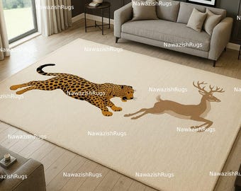 Hand Tufted Wool Area Rug | Leopard & Deer Design | Modern Animal | Luxury Living Room