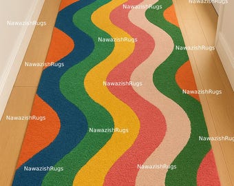 Handbüscheliger Regenbogen-Wellen-Läufer-Teppich | Bunter Moderner Flur Teppich | Geschnittener Flor Wollteppich