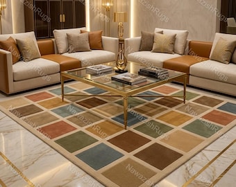 Modern Geometric Hand-Tufted Wool Rug – Colorful Checkerboard Grid Pattern for Living Room, Bedroom & Office 9x12 – High-Density Plush Pile