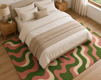 Hand Tufted Wool Rug, Modern Wavy Pattern Carpet, Green Pink Rugs, Abstract Contemporary 8x10, 9x12, Area Rug, Handmade Luxury Home Decor
