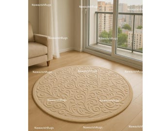 Round Hand Tufted Wool Rug 5x5 – Beige Embossed Floral Design Carpet – Custom Size Round