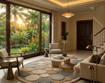Hand Tufted Wool Oval Rug, Pebble Design, Neutral Modern Carpet