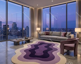 Handmade tufted wool rug, abstract purple wavy design, modern living room decor, layered organic shape, statement carpet, custom area rug