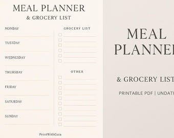 Meal Planner & Grocery List | Printable PDF | Minimalist Weekly Layout | Instant Download