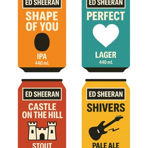 Pu&ograve; includere: Quattro lattine di birra colorate con il marchio Ed Sheeran. Le lattine sono arancioni, verde acqua, rosse e gialle, ognuna con un titolo di canzone diverso: "Shape of You", "Perfect", "Castle on the Hill" e "Shivers". Ogni lattina contiene 440 ml.