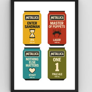 May include: A framed print featuring four stylized beer can designs. Each can is labeled "Metallica" and features a different song title: "Enter Sandman," "Master of Puppets," "Nothing Else Matters," and "One." The cans are yellow, red, teal, and olive green.