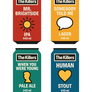 Puede incluir: Cuatro latas de cerveza coloridas con la marca The Killers. Las latas son rojas, amarillas, verdes y azules, cada una con un t&iacute;tulo de canci&oacute;n y tipo de cerveza diferente. Las latas son de 440 ml.