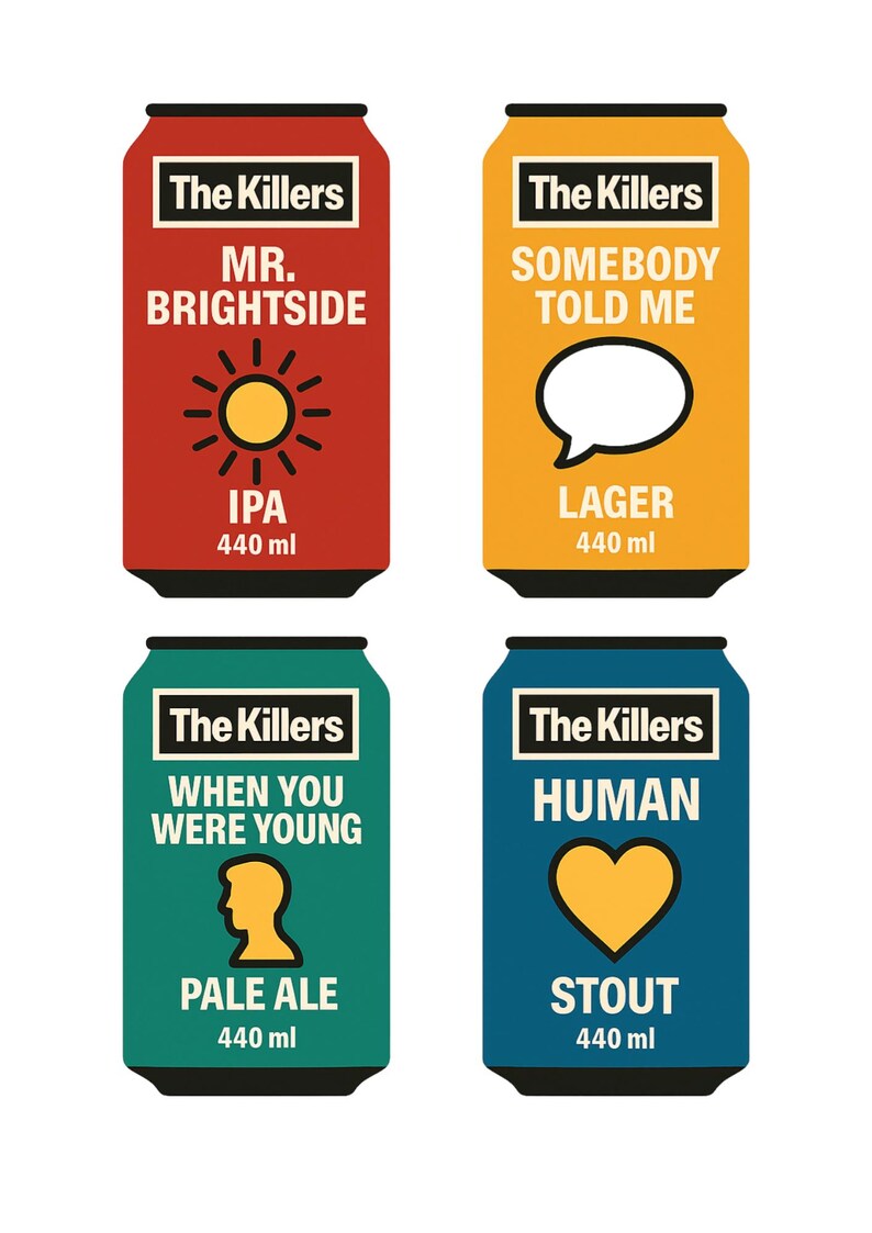 Puede incluir: Cuatro latas de cerveza coloridas con la marca The Killers. Las latas son rojas, amarillas, verdes y azules, cada una con un t&iacute;tulo de canci&oacute;n y tipo de cerveza diferente. Las latas son de 440 ml.