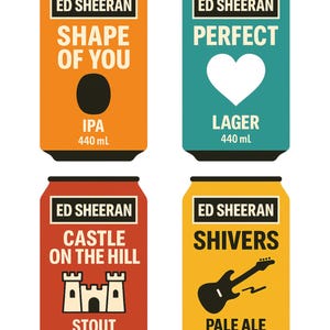 Pu&ograve; includere: Quattro lattine di birra colorate con il marchio Ed Sheeran. Le lattine sono arancioni, verde acqua, rosse e gialle, ognuna con un titolo di canzone diverso: "Shape of You", "Perfect", "Castle on the Hill" e "Shivers". Ogni lattina contiene 440 ml di birra.