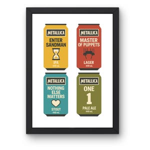 May include: A framed print featuring four beer can designs with the Metallica logo. The cans are labeled "Enter Sandman" (IPA), "Master of Puppets" (Lager), "Nothing Else Matters" (Stout), and "One" (Pale Ale), each with 440 mL.