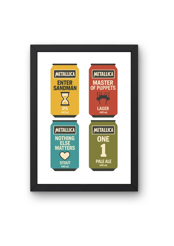 Metallica “Song‑Can” Collage Art Print | 4‑in‑1 Heavyweight Beer‑Can Poster on 300 gsm Matt Card
