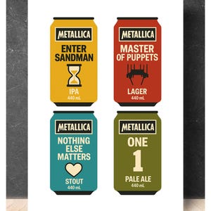 May include: A print featuring four stylized beer can designs. Each can is labeled "Metallica" and features a different song title: "Enter Sandman," "Master of Puppets," "Nothing Else Matters," and "One." The cans are in various colors.
