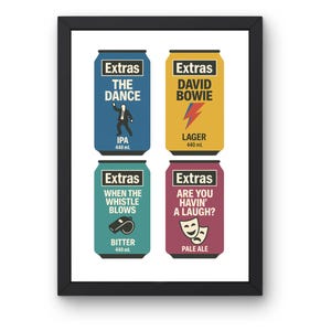 Extras Beer Can Art Print: 4-in-1 TV Show Poster (A4 Size) - Print - Gift