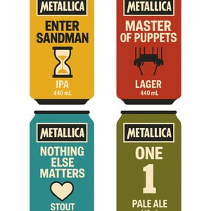 May include: Four stylized beer cans with the Metallica logo and song titles: "Enter Sandman" (IPA), "Master of Puppets" (Lager), "Nothing Else Matters" (Stout), and "One" (Pale Ale). Each can is 440 mL.