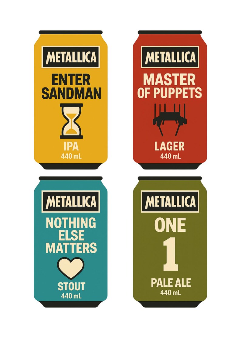 May include: Four stylized beer cans with the Metallica logo and song titles: "Enter Sandman" (IPA), "Master of Puppets" (Lager), "Nothing Else Matters" (Stout), and "One" (Pale Ale). Each can is 440 mL.