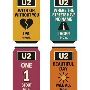 Op de afbeelding: Vier kleurrijke bierblikjes met het logo van de band U2 en songtitels: "With or Without You" (IPA), "Where the Streets Have No Name" (Lager), "One" (Stout) en "Beautiful Day" (Pale Ale). Elk blikje is 440 ml.