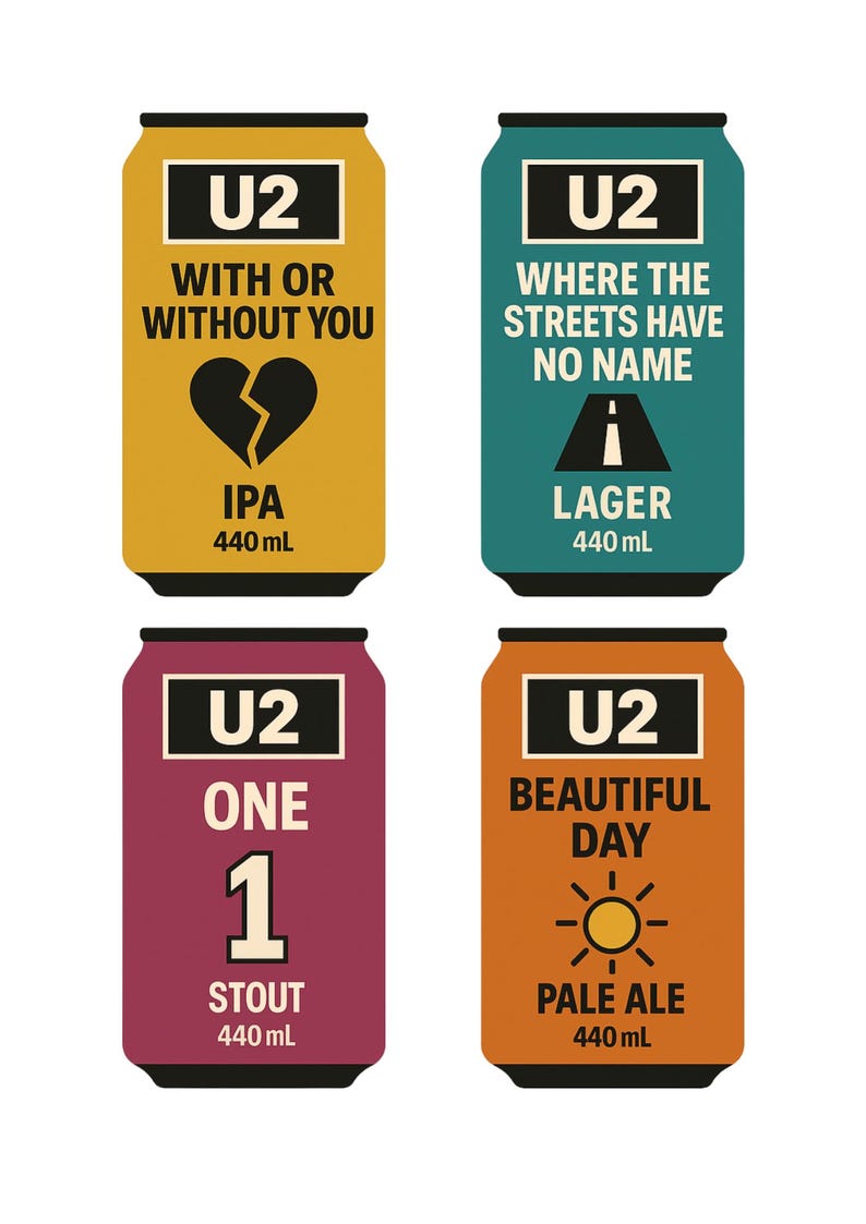 Op de afbeelding: Vier kleurrijke bierblikjes met het logo van de band U2 en songtitels: "With or Without You" (IPA), "Where the Streets Have No Name" (Lager), "One" (Stout) en "Beautiful Day" (Pale Ale). Elk blikje is 440 ml.