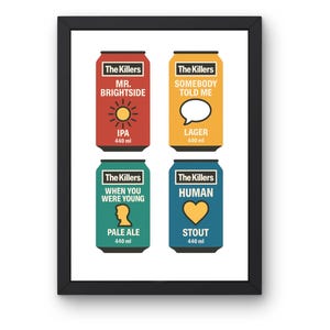May include: A framed print featuring four stylized beer can designs. Each can is a different color and features the band name "The Killers" and a song title: "Mr. Brightside", "Somebody Told Me", "When You Were Young", and "Human". Each can is 440 ml.