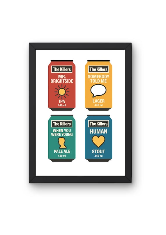 The Killers “Song‑Can” Collage Art Print | 4‑in‑1 Indie‑Rock Beer‑Can Poster on 300 gsm Matt Card