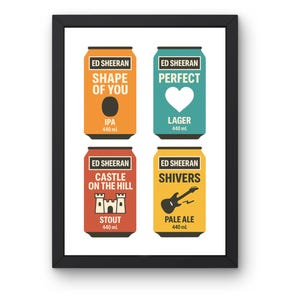 Pu&ograve; includere: Una stampa incorniciata con quattro design di lattine di birra colorate. Ogni lattina mostra il testo "ED SHEERAN" in alto, con titoli di canzoni come "Shape of You" e "Perfect". Le lattine sono arancioni, verde acqua, rosse e gialle, ciascuna con 440 ml di birra.