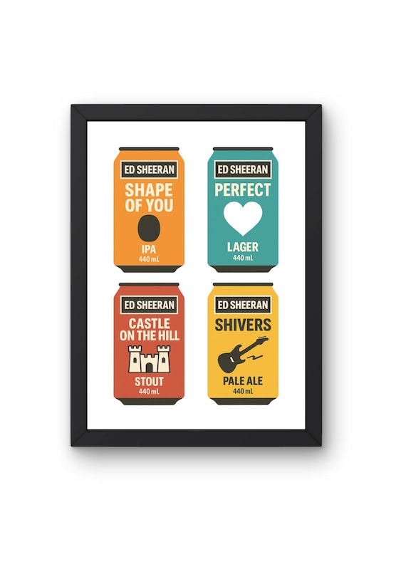 Ed Sheeran “Song‑Can” Collage Art Print | 4‑in‑1 Beer‑Can Poster on 300 gsm Matt Card