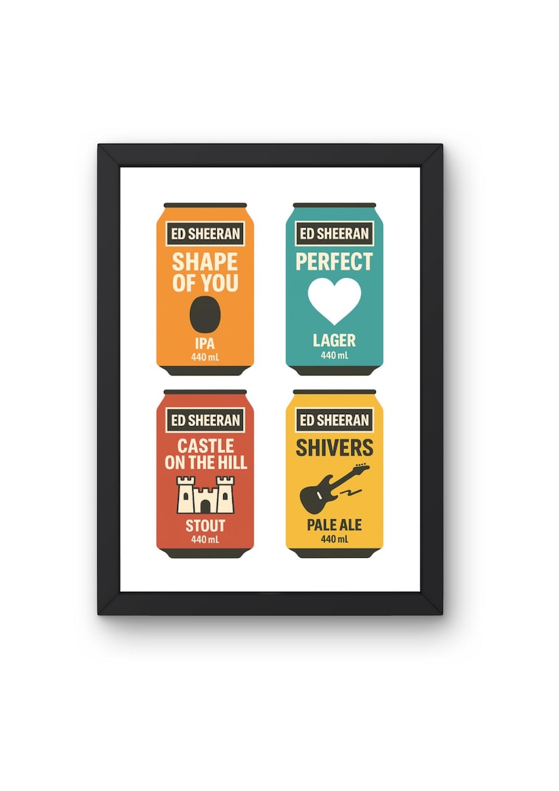 Pu&ograve; includere: Una stampa incorniciata con quattro design di lattine di birra colorate. Ogni lattina mostra il testo "ED SHEERAN" in alto, con titoli di canzoni come "Shape of You" e "Perfect". Le lattine sono arancioni, verde acqua, rosse e gialle, ciascuna con 440 ml di birra.