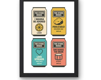 Stone Roses “Song‑Can” Collage Art Print | 4‑in‑1 Craft‑Beer Band Poster on 300 gsm Card