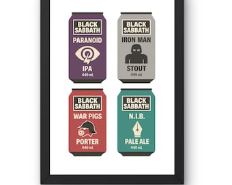Stampa artistica di una lattina di birra dei Black Sabbath: collage di canzoni heavy metal