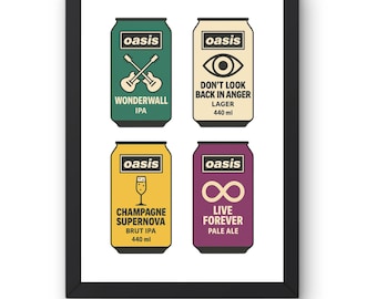 Oasis collagekunstdruk 'Song‑Can' | 4-in-1 Britpop Beer-Can-poster op 300 gsm mat karton