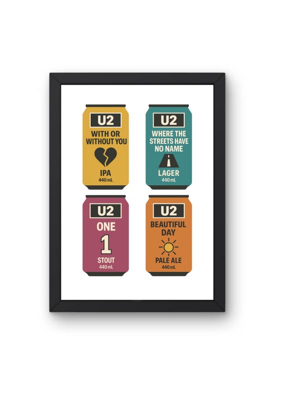 U2 “Song‑Can” Collage Art Print | 4‑in‑1 Beer‑Can Poster on 300 gsm Matt Card