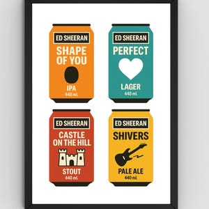 Pu&ograve; includere: Una stampa incorniciata con quattro design di lattine di birra colorate. Ogni lattina &egrave; etichettata con il titolo di una canzone di Ed Sheeran: "Shape of You", "Perfect", "Castle on the Hill" e "Shivers". Le lattine sono arancioni, turchesi, rosse e gialle, con testo nero.