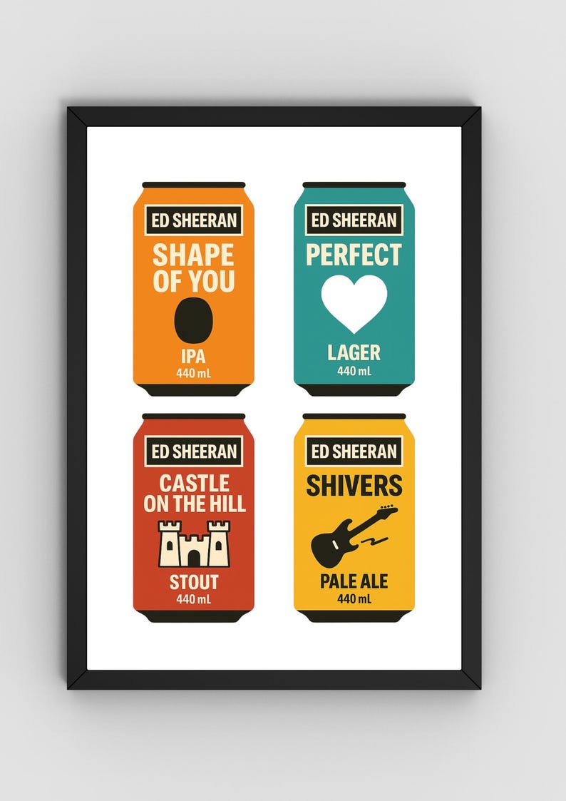 Pu&ograve; includere: Una stampa incorniciata con quattro design di lattine di birra colorate. Ogni lattina &egrave; etichettata con il titolo di una canzone di Ed Sheeran: "Shape of You", "Perfect", "Castle on the Hill" e "Shivers". Le lattine sono arancioni, turchesi, rosse e gialle, con testo nero.