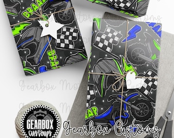 Papel de regalo de carreras de motocross azul y verde, papel de regalo de motocross, papel de regalo de cumpleaños, diseño de carreras personalizado, papel de regalo de carreras