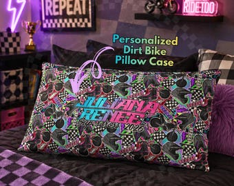 Moto Girl Personalized Dirt Bike Pillowcase, Neon Dirt Bike, Motocross Bedroom, Moto Bedroom, Dirt Bike Bedding, Racing Bedding