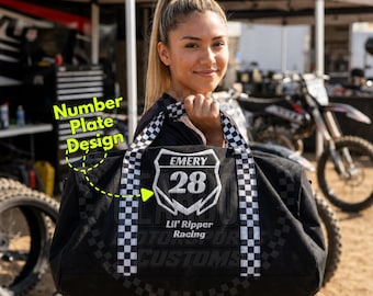 名入れ刺繍入りチェック柄ダッフルバッグ、レーシングダッフル、ダートバイクバッグ、ヘルメットバッグ、レーシングバッグ、ウィークエンダー、Braaap、モトママバッグ