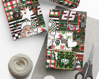 Traditioneel motorcross kerst race inpakpapier | Cadeaupapier, geblokte vlag, vakantieprint, Moto Santa