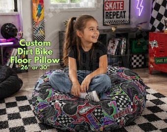 Personalized Dirt Bike Motocross Pillow, Bean Bag, Motocross Bedroom, Moto Girl, Checkered Pattern Tufted Floor Pillow