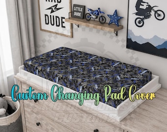 Blue Dirt Bike Motocross Baby Changing Pad Cover, Crib Sheet, Playpen, Checkered Design, Racing Nursery, Dirt Bike Baby, Motocross Bedroom