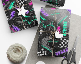 Paars inpakpapier crossmotor motorcross racen, cadeaupapier, verjaardag, custom race inpakpapier | Vakantieprint met geblokte vlag